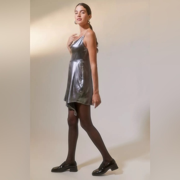 Silver UO Mallory Metallic Asymmetrical Slip Dress NWT - Picture 2 of 6